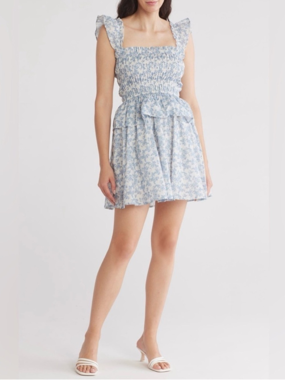 En Saison Ruffle Smocked Cotton Blue Floral Mini Dress size Small